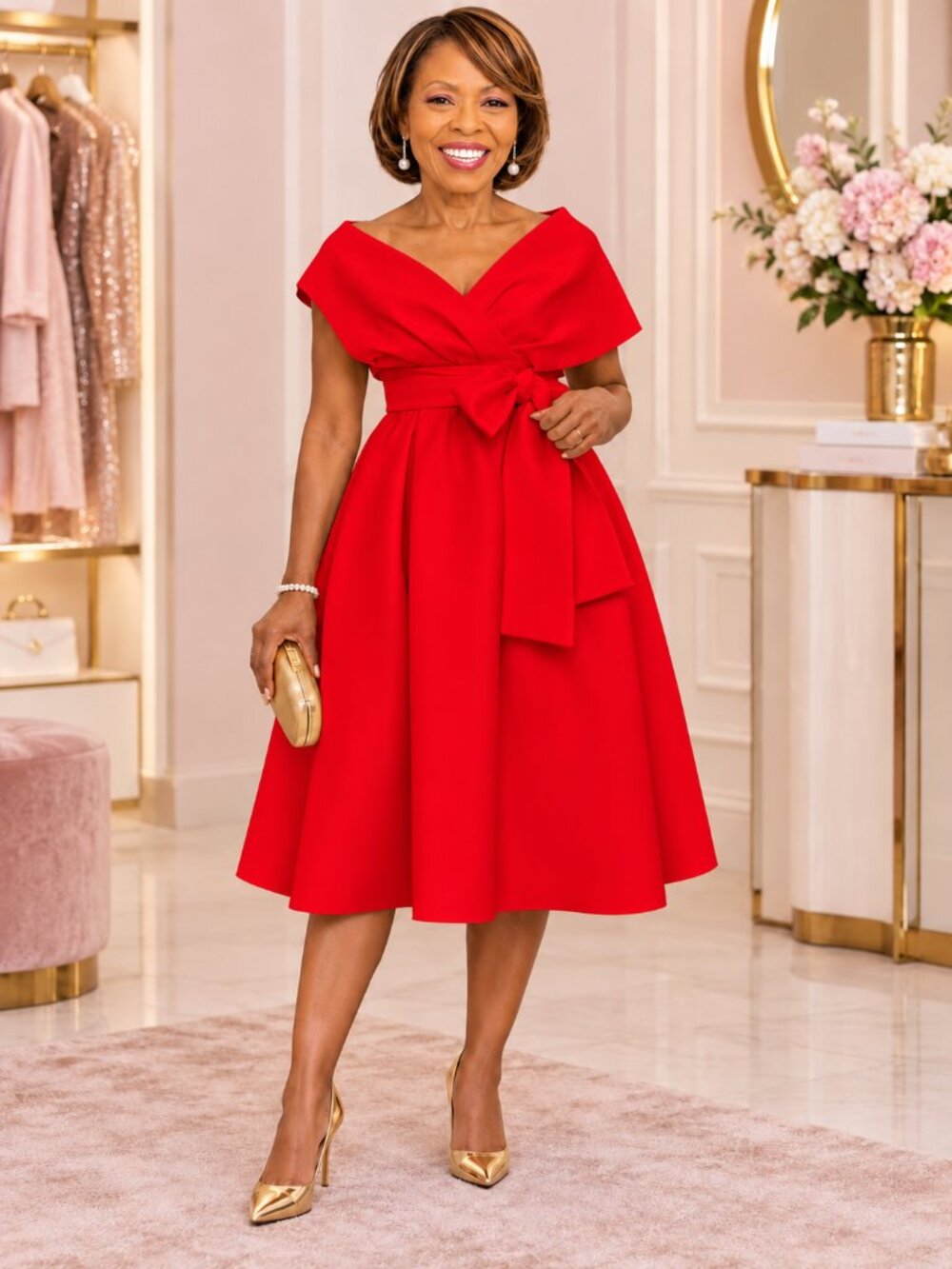 Elegant Red Portrait Collar Belted A-Line Church Dress L